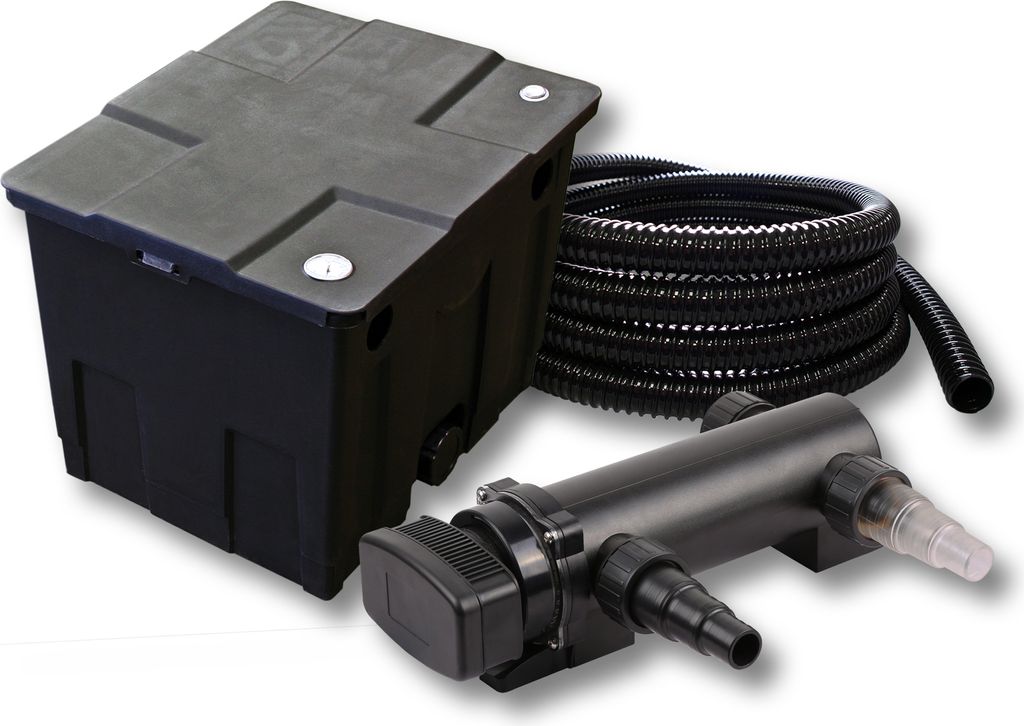 SunSun Komplettset: CBF-350 Teichfilter bis 12000 L Teichfilteranlage als Durchlauffilter, CUV-318 Teichklärer UVC Klärer mit 18W, 5m Teichschlau...