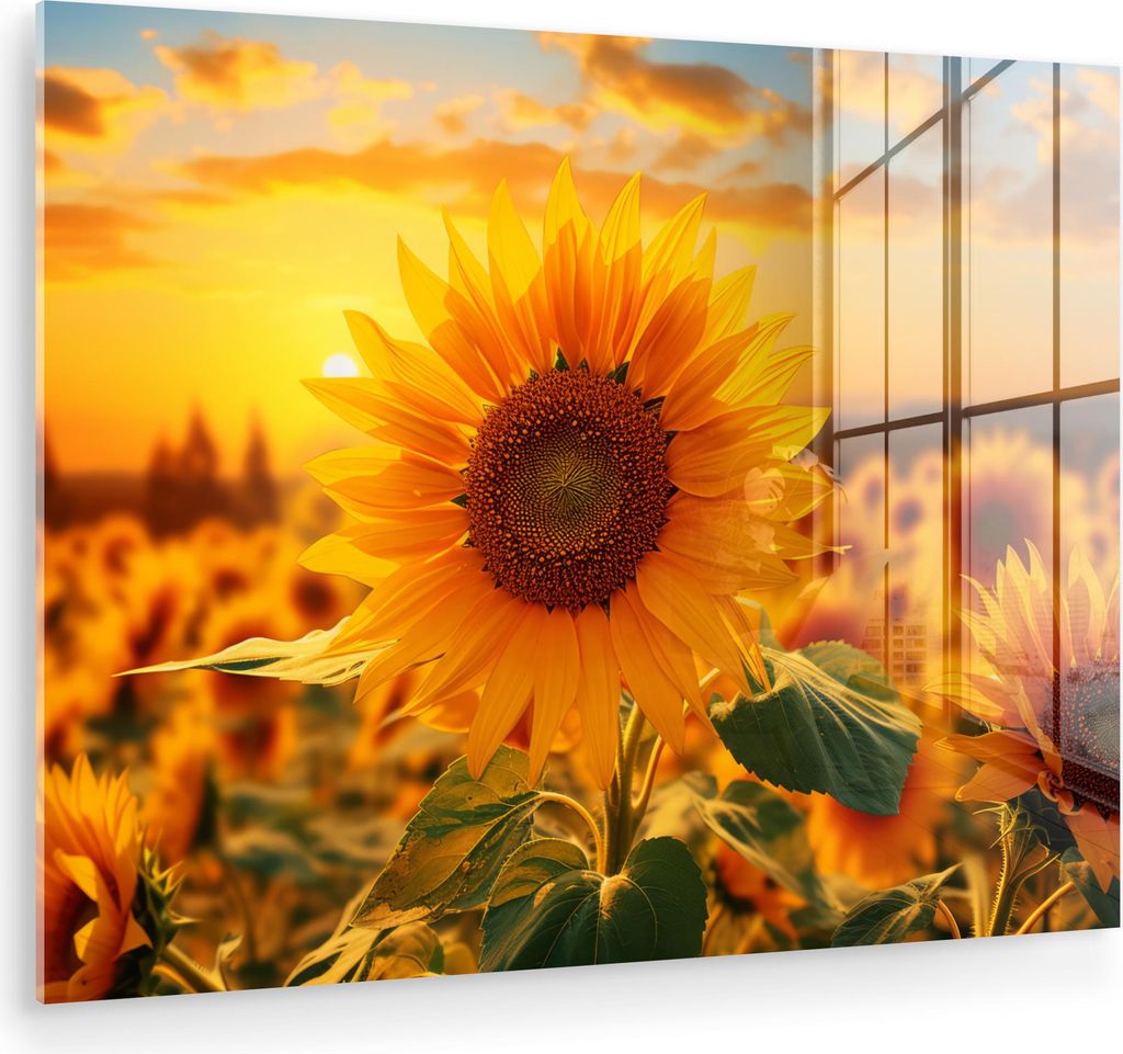 MuchoWow Glasbilder - Bilder auf Wandbild - Foto auf Glas Sonnenblume - Blumen - Gelb - Blumenfeld mit Sonnenblumen 80x60 cm Wanddekoration aus Gla...