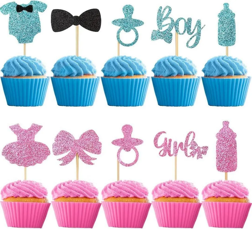 Décoration de Gâteau Baby Party - 30 Pièces Gender Reveal Rose et Bleu