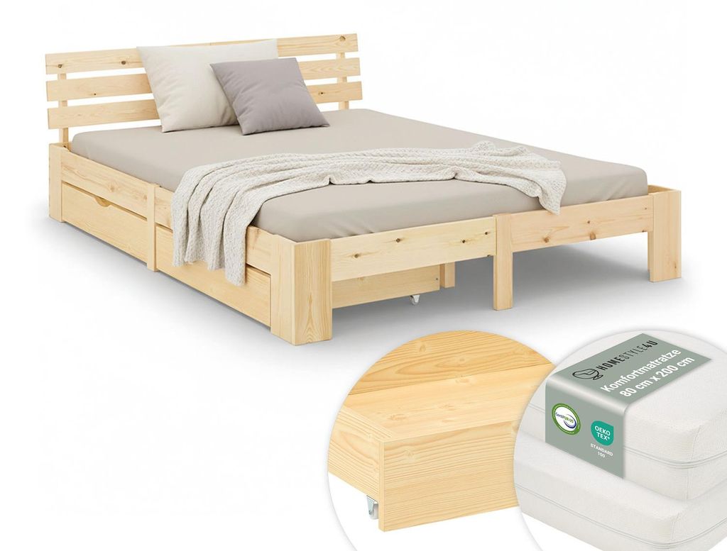Lit Double 160x200 cm avec 2 Matelas et Tiroirs Lit en Bois Image du produit 