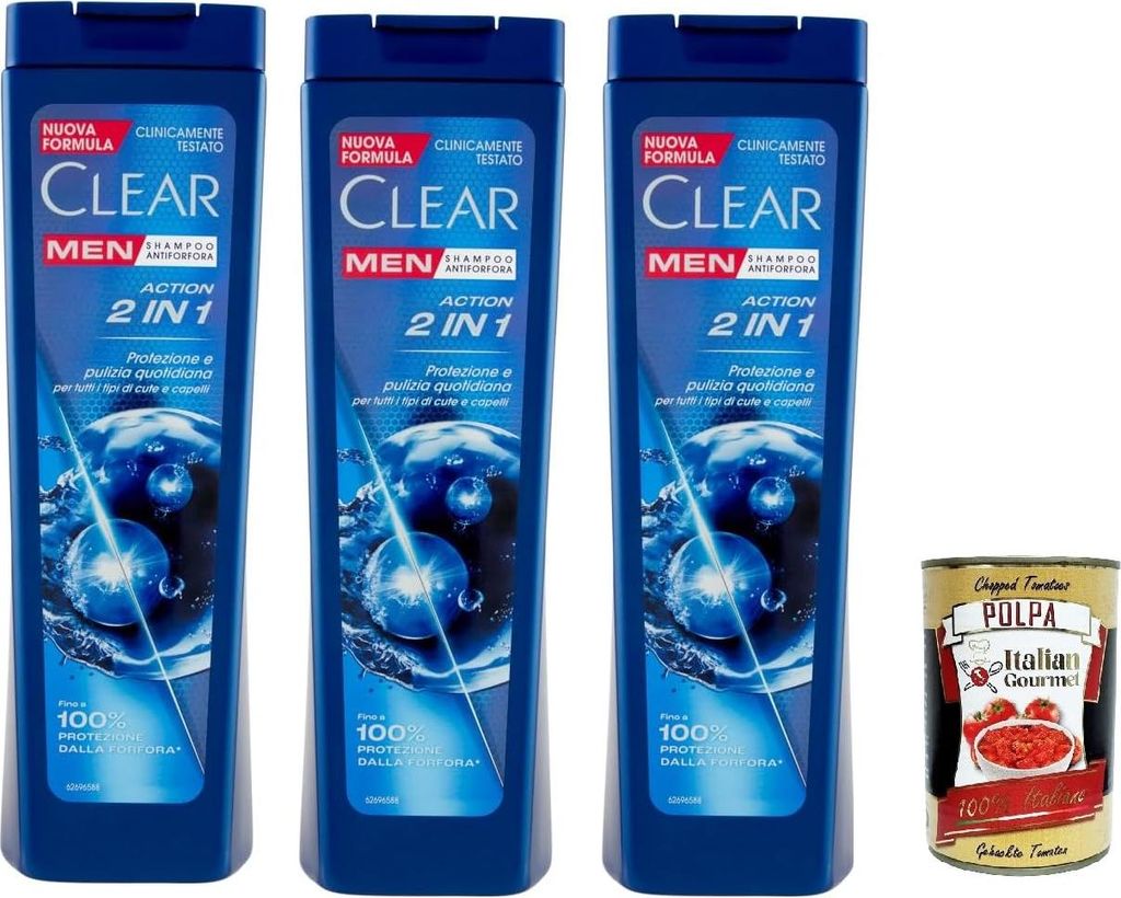 Clear ACTION 2IN1 Men Shampoo für alle Haar- und Kopfhaut Typen - Schuppen-Shampoo 3x 225ml + Italian Gourmet polpa 400g