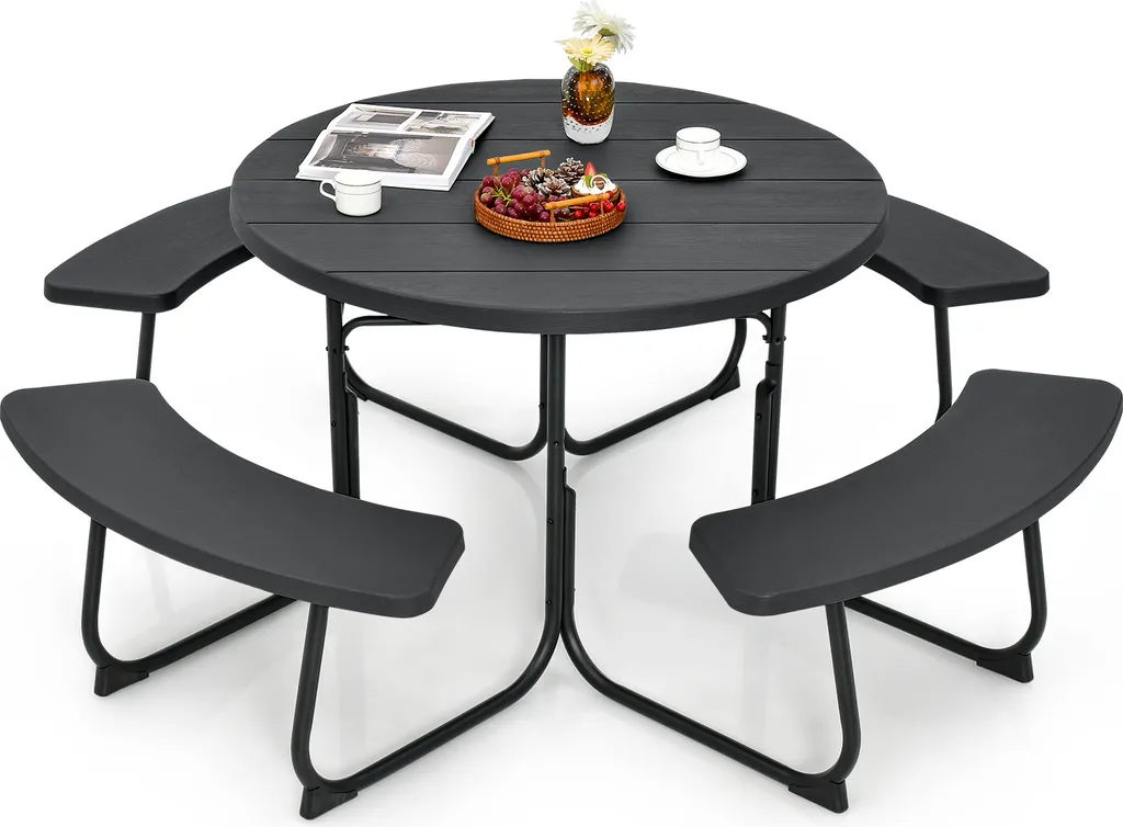 COSTWAY Ensemble Table de Pique-Nique Ronde HDPE Noir avec 4 Bancs