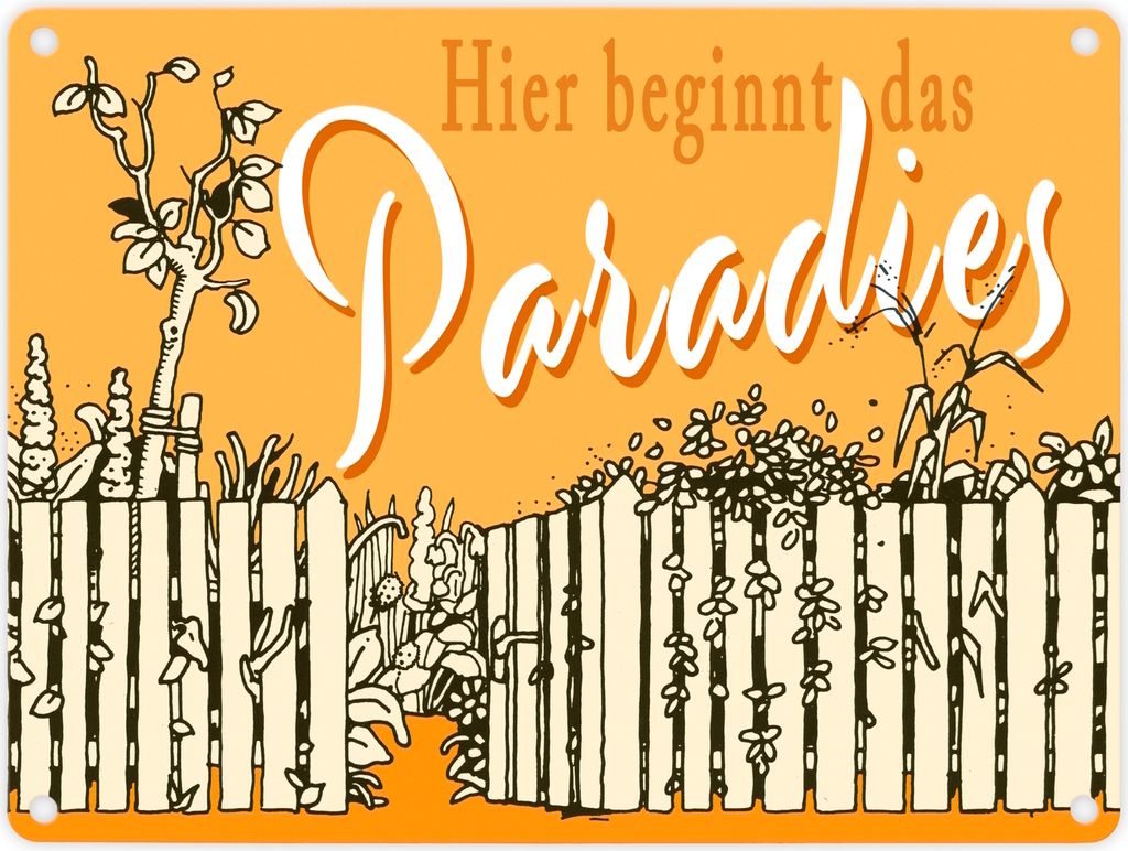 Gartenparadies Metallschild in 15x20 cm orange zum Thema Urlaub im Garten
