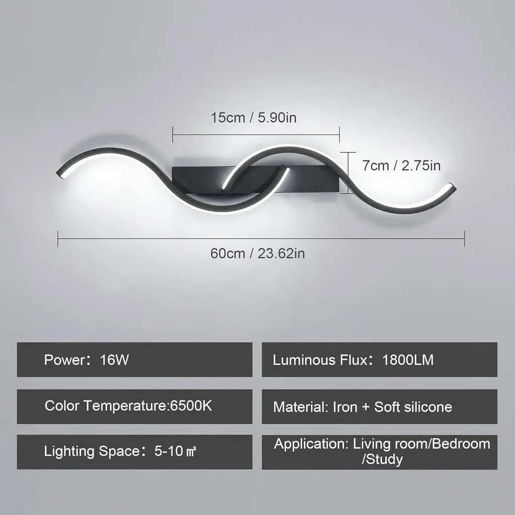 Applique murale LED 16W noir : solution éclairage blanc froid 6500K - 6