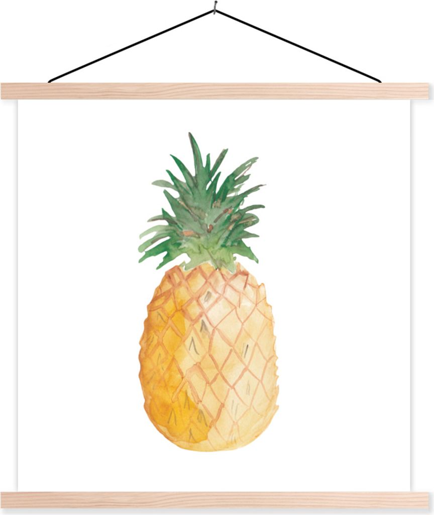 MuchoWow Textilposter Ananas - Aquarellfarbe - Weiß 40x40 cm mit holzfarbenen Rahmen - Posterleiste