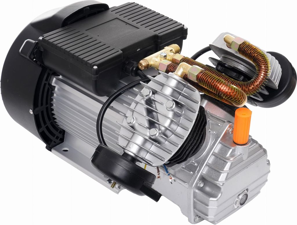 A close-up studio shot of an electric motor for an air compressor.