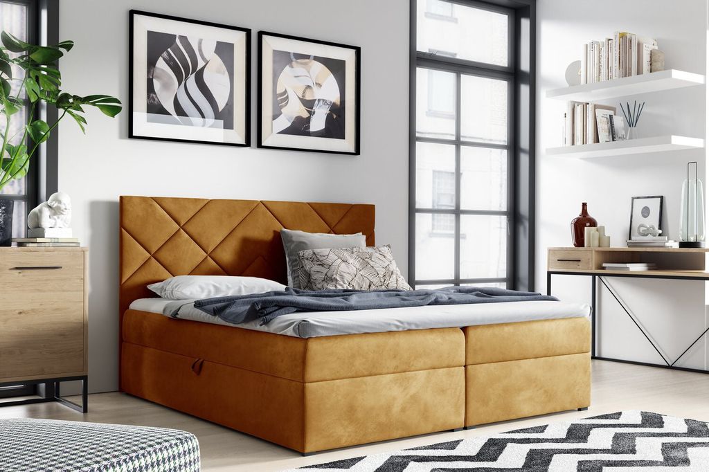 Gepolstertes Doppelbett DINO – 180x200, Gelb + GRATIS Topper