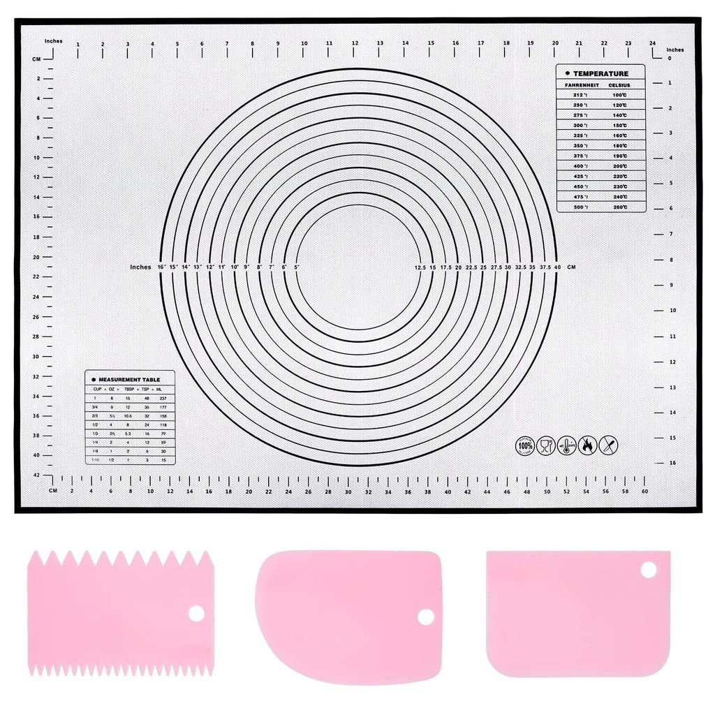 Silikon-Backmatte, 60 cm lang, 40 cm breit, antihaftbeschichtet für Teig/Nudelholz mit Maßband, inklusive 3 Teigschabern und Backzubehör für Te...