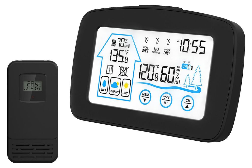 Innen- und Aussen-Hygrometer-Thermometer mit Zeit-Hintergrundbeleuchtung, LCD-Display, Schreibtisch, elektronische Temperatur- und Feuchtigkeitsmes...