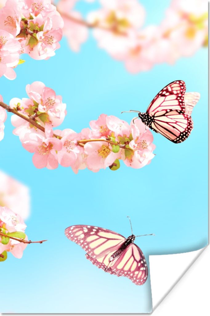 MuchoWow Poster Schmetterlinge - Baum - Blumen 40x60 cm - Plakate für die Wand - Poster Babyzimmer