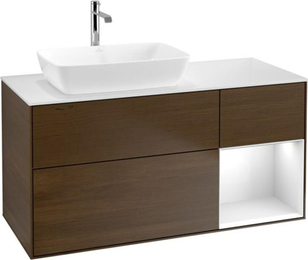 V&B Waschtischunterschrank Wandbeleuchtung Finion 120cm, Pl w m, Reg glo wh. Lac, wal ven