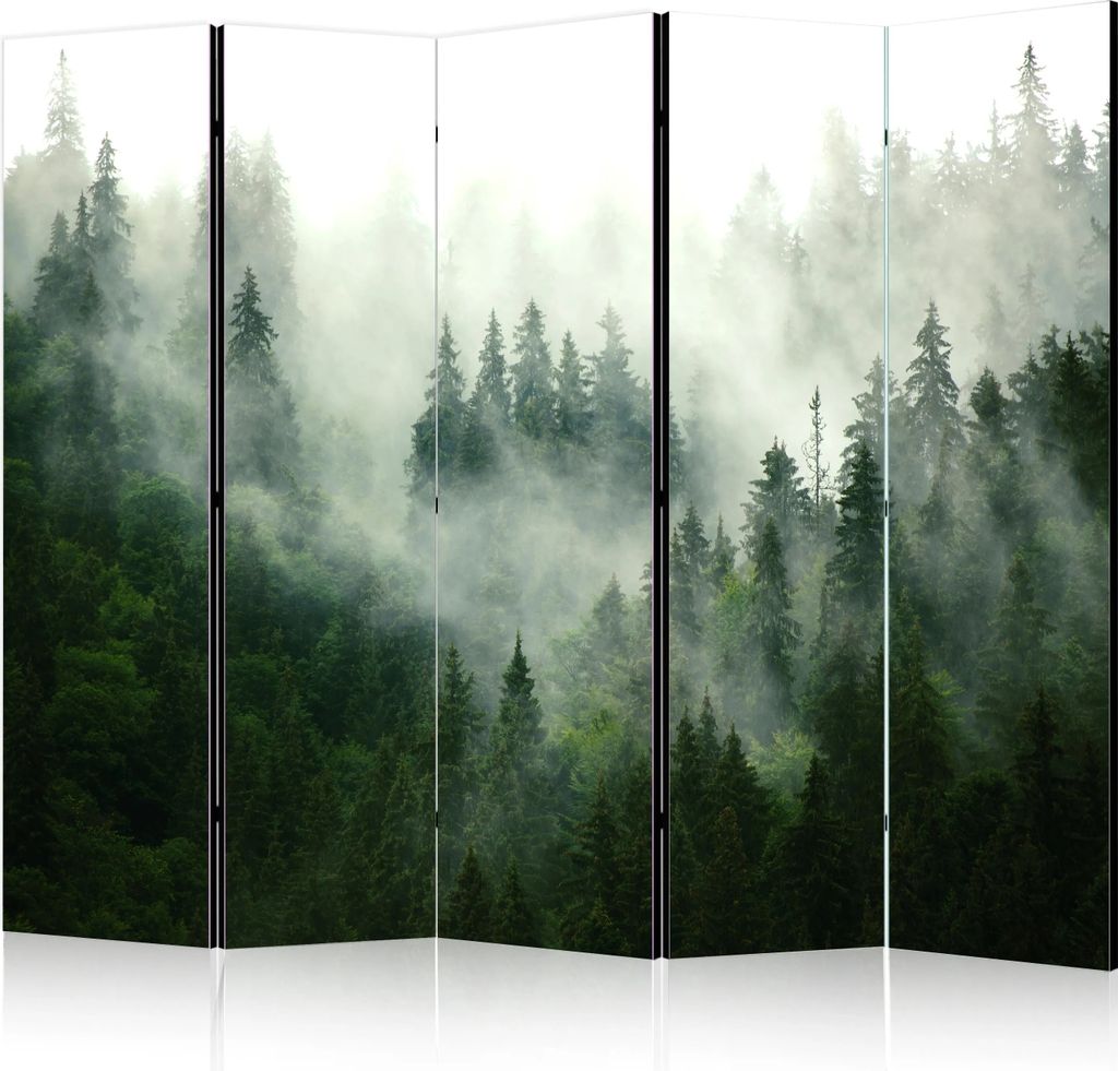 A multi-panel room divider featuring a misty coniferous forest landscape.