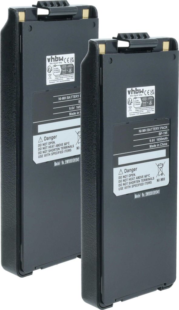 vhbw 2x Akku Ersatz für Icom BP-195, BP-196H, BP-196, BP-196R für Funkgerät, Walkie Talkie (1650 mAh, 9,6 V, NiMH) + Gürtelclip