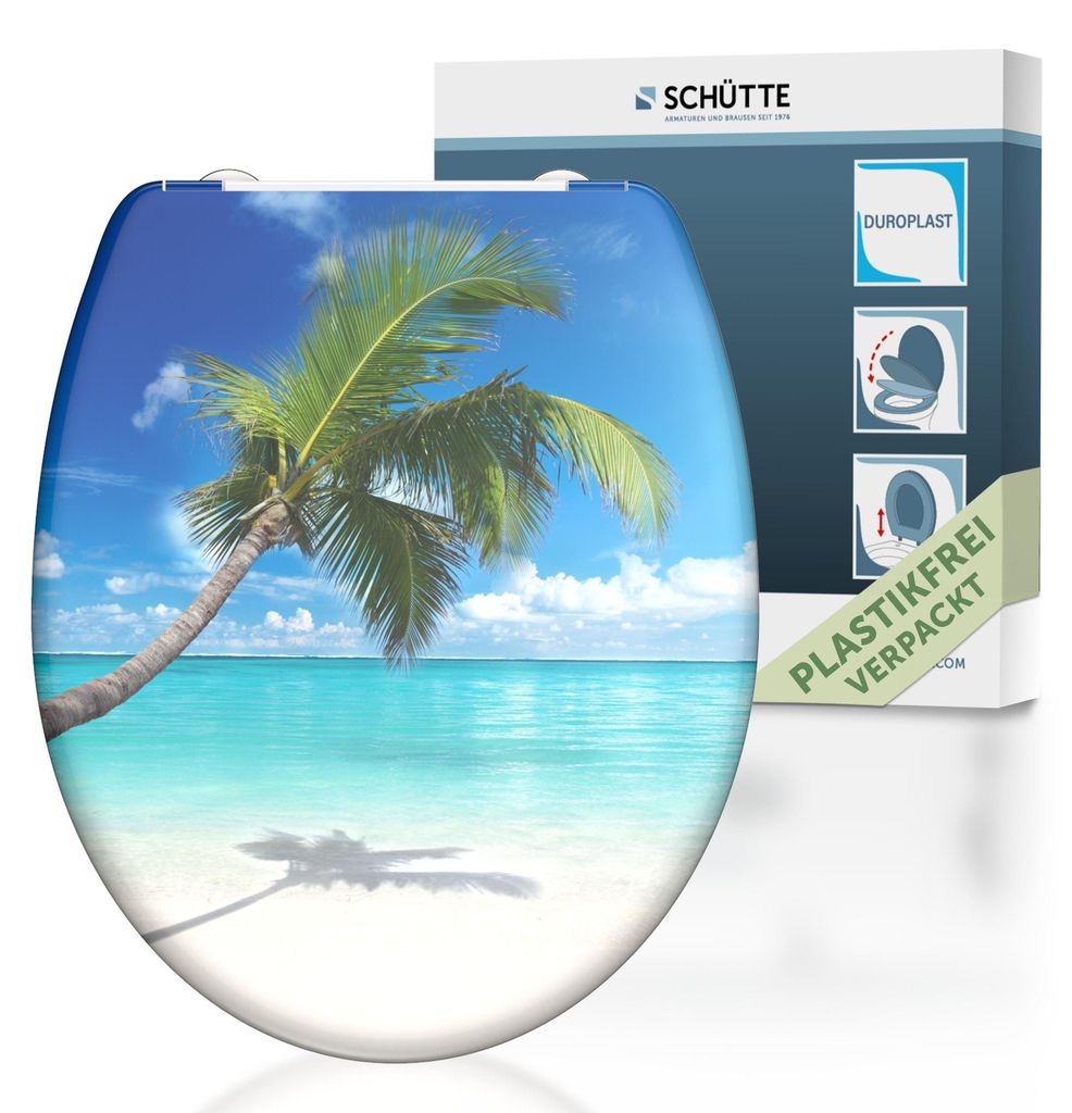 SCHÜTTE WC Sitz CARRIBEAN, Duroplast Toilettendeckel mit Absenkautomatik und Schnellverschluss, Klobrille mit Motivdruck