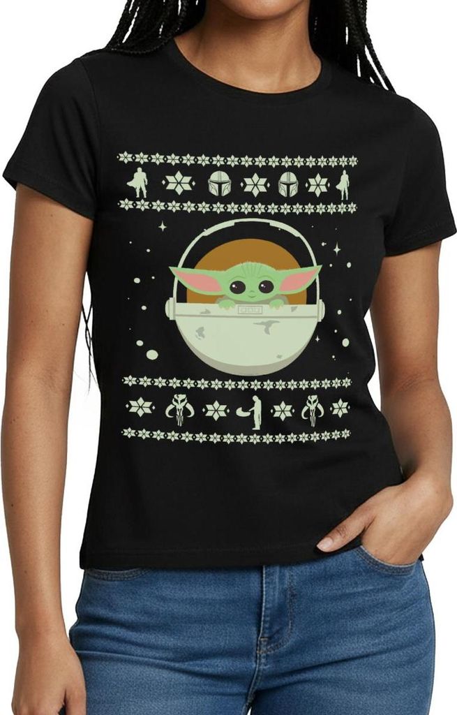 Star Wars: Mandalorian Baby Yoda Weihnachten Frauen T-Shirt, L, Schwarz