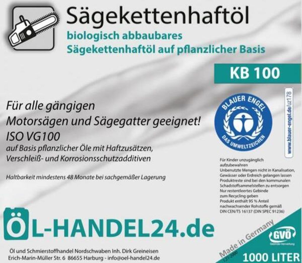 Kettenöl 1000 Liter IBC KB 100 Sägekettenhaftöl Sägekettenöl Motorsägenöl Blauer Engel" nach neuester RAL-UZ 178