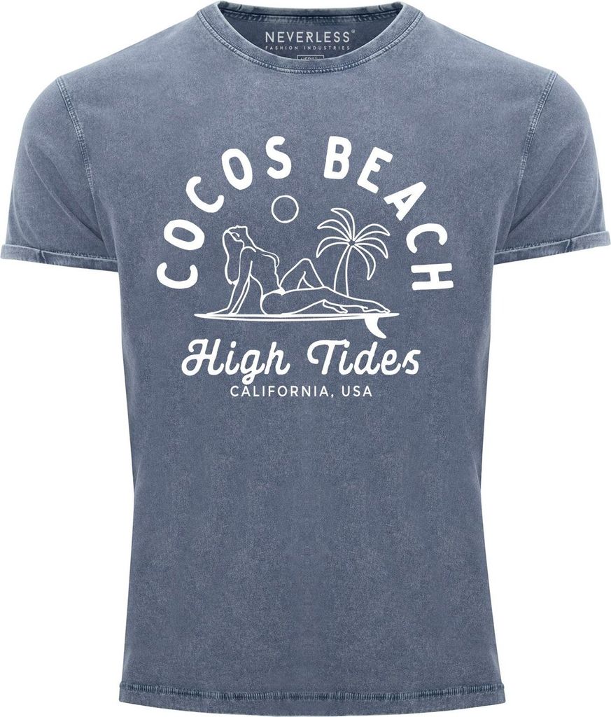 Cooles Angesagtes Herren T-Shirt Vintage Shirt Line Art Outline Cocos Beach Aufdruck Used Look Slim Fit Neverless blau S