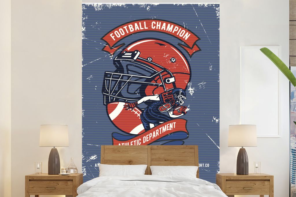 MuchoWow Fototapete für Wohnzimmer oder Schlafzimmer Wandtapete Vinyl Motivtapete Rugby - Mensch - Retro - Zitat - 155x240 cm - Tapete