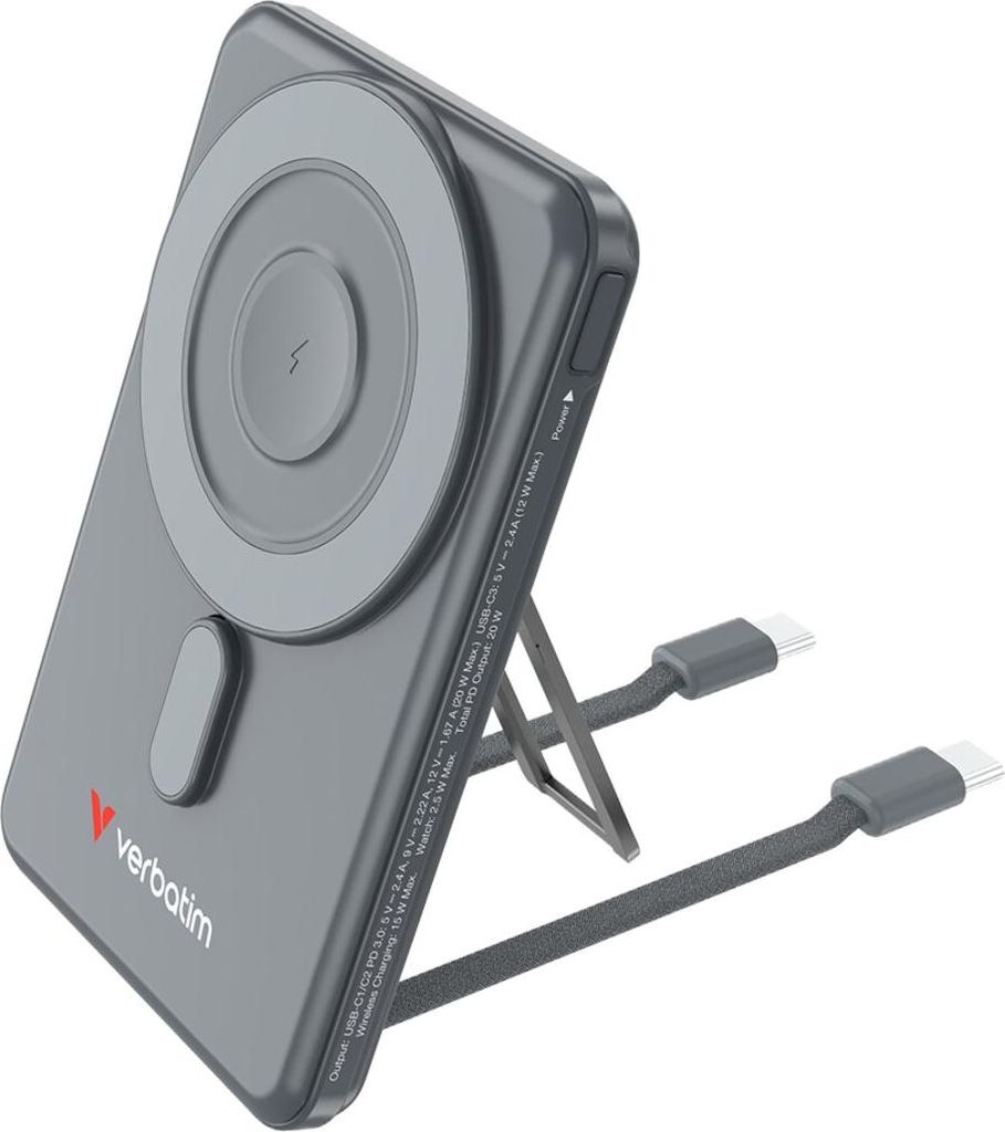 Verbatim Powerbank 5000 mAh mit Klappstand, Wireless Charging und USB-C Schnellladung