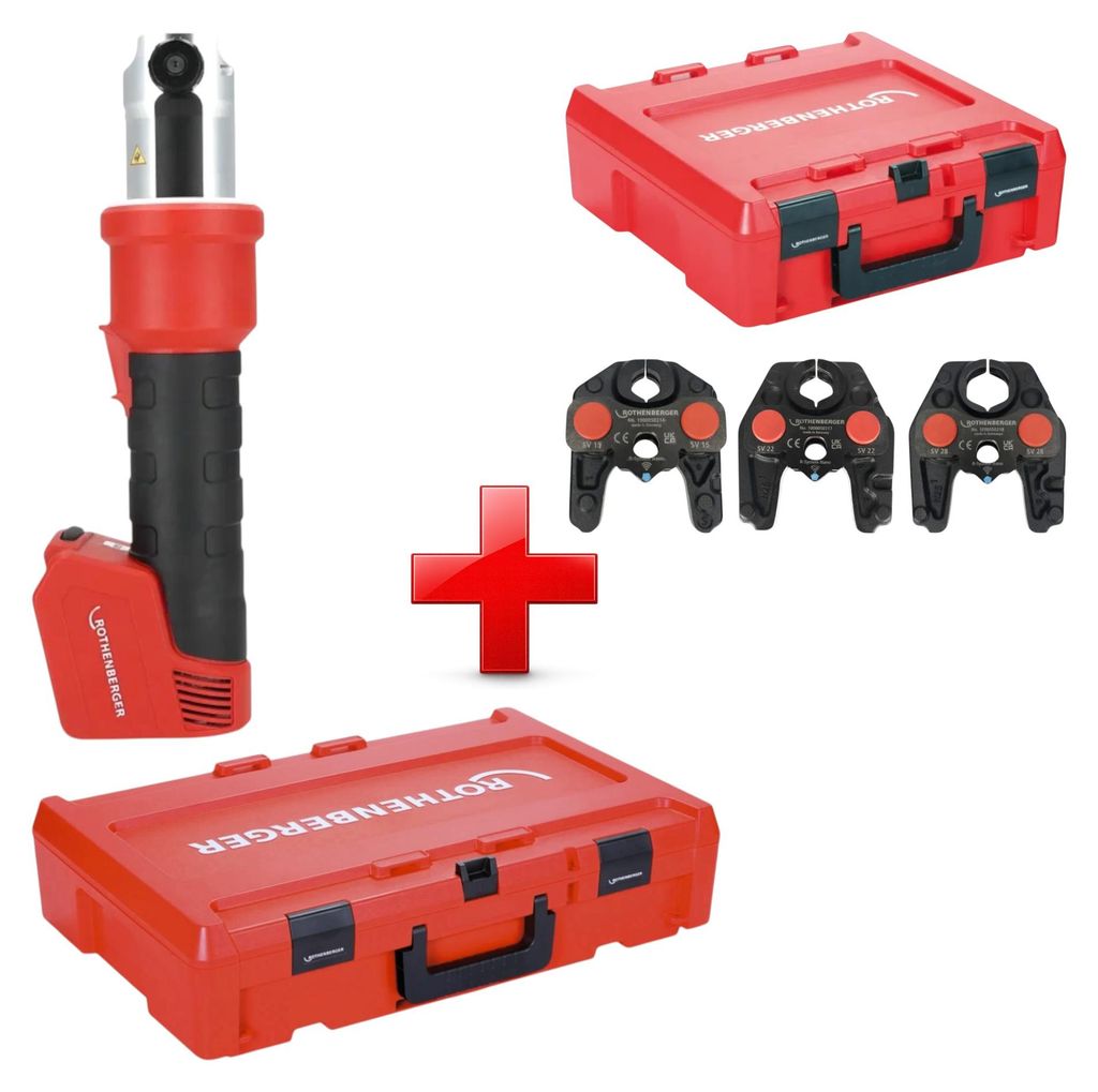 Rothenberger ROMAX NANO Akku Pressmaschine 18 V 34 kN CAS + 3 tlg. SV Pressbacken Set + Rocase - ohne Akku, ohne Ladegerät