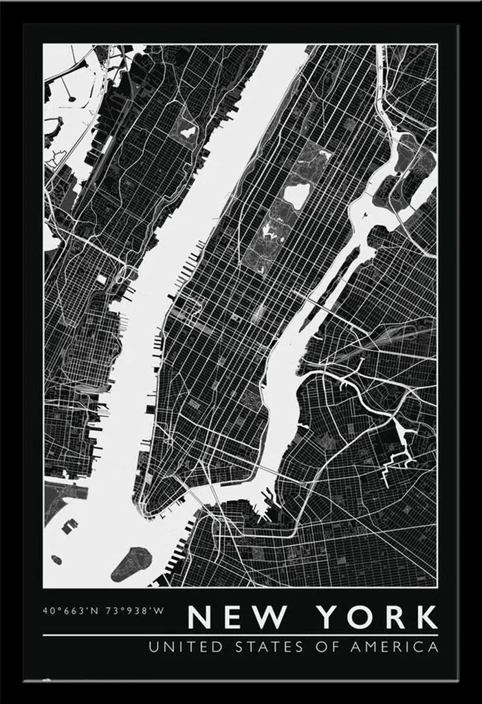 Poster New York City Map 61x91,5 cm Cornice Nera Shinsuke Acrilico