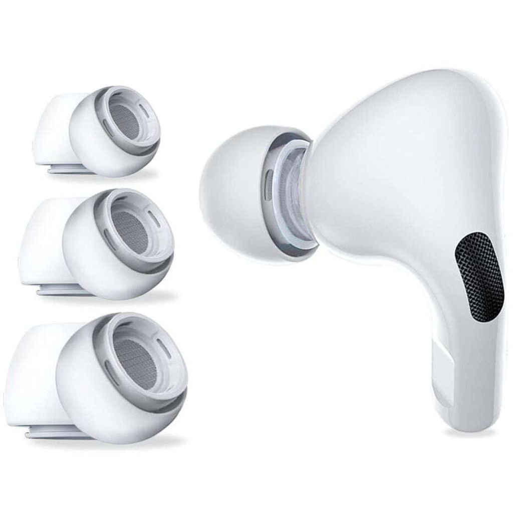 A set of white ear tips for AirPods Pro, with one ear tip attached to an AirPod.