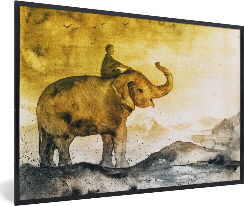 MuchoWow MuchoWow Gerahmtes Poster Elefant - Kind - Berg - Aquarell 90x60 cm - Poster mit zchwarzem Bilderrahmen - Fotorahmen - Foto-Plakat