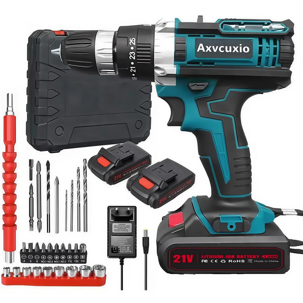 3-in-1 Elektrobohrer Set,21V Allzweckbohrer,Akku Bohrschrauber mit LED-Leuchten,2 Geschwindigkeiten,50Nm,2x1500mAh Akkus,25+3 Gänge,28 Zubehörteile