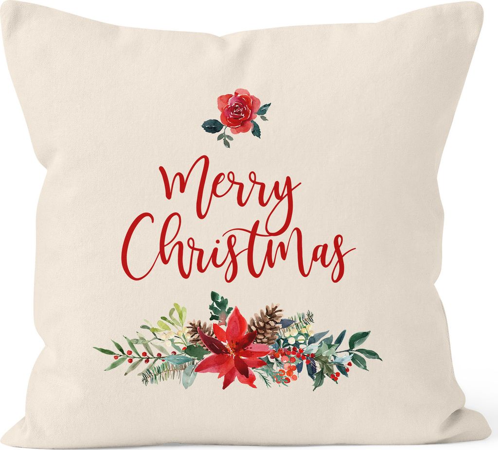 Kissenbezug Weihnachten Merry Christmas Blumen Weihnachtsstern Christstern Kissen-Hülle traditionell Autiga natur 40cm x 40cm