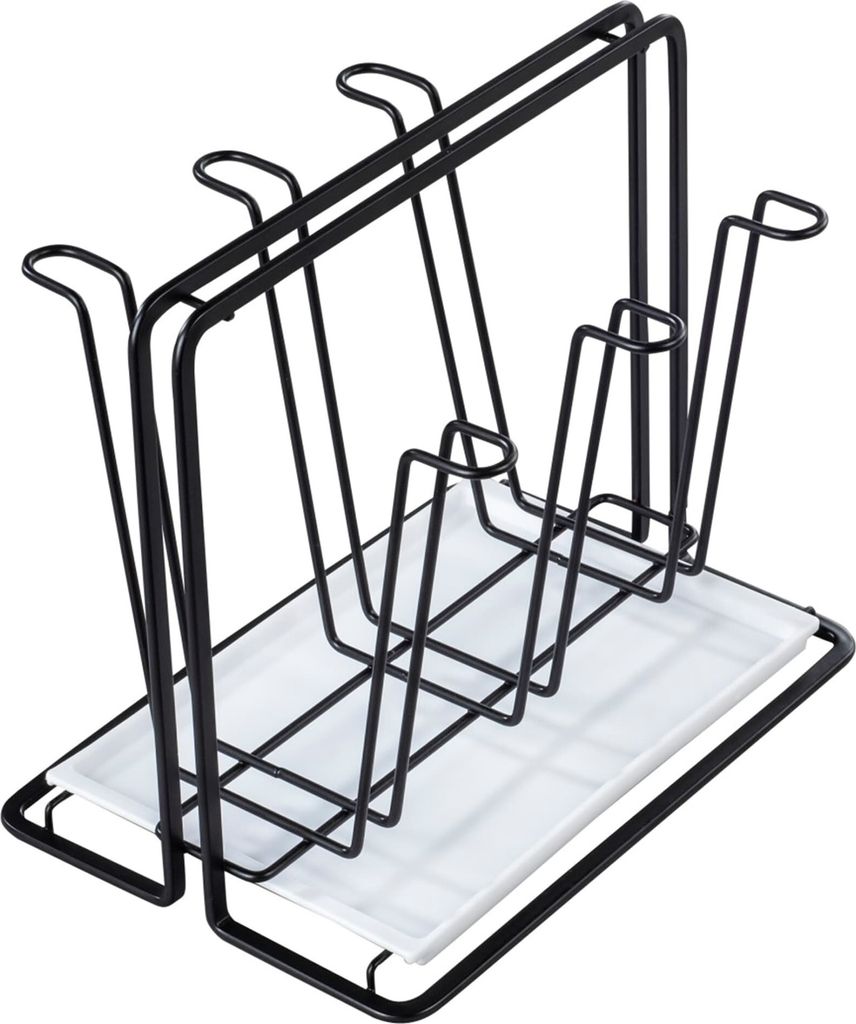 A black metal cup drying rack with a white drip tray, designed to hold up to six cups.