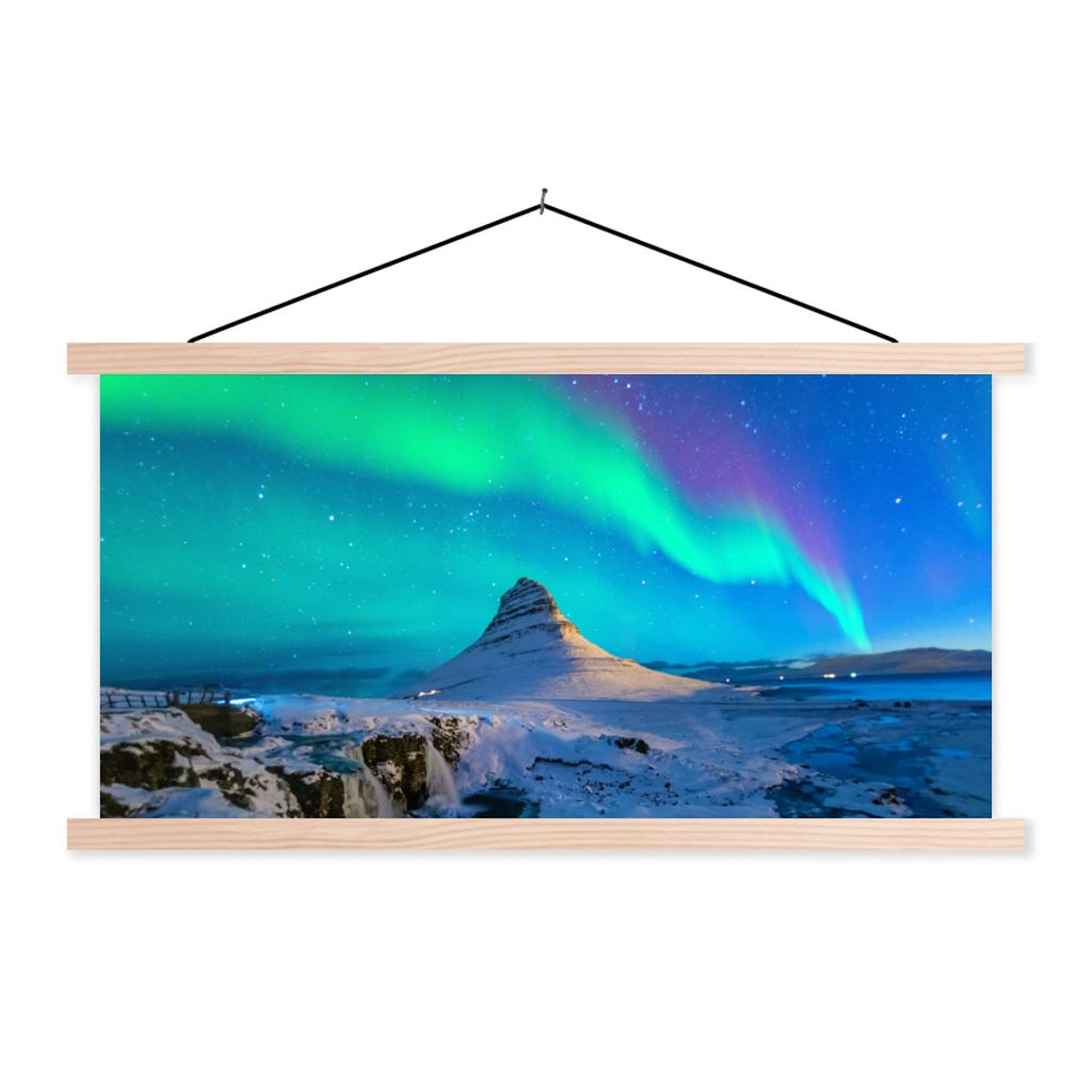 MuchoWow Textilposter Nordlichter - Berge - Island 120x60 cm mit holzfarbenen Rahmen - Klemmleiste