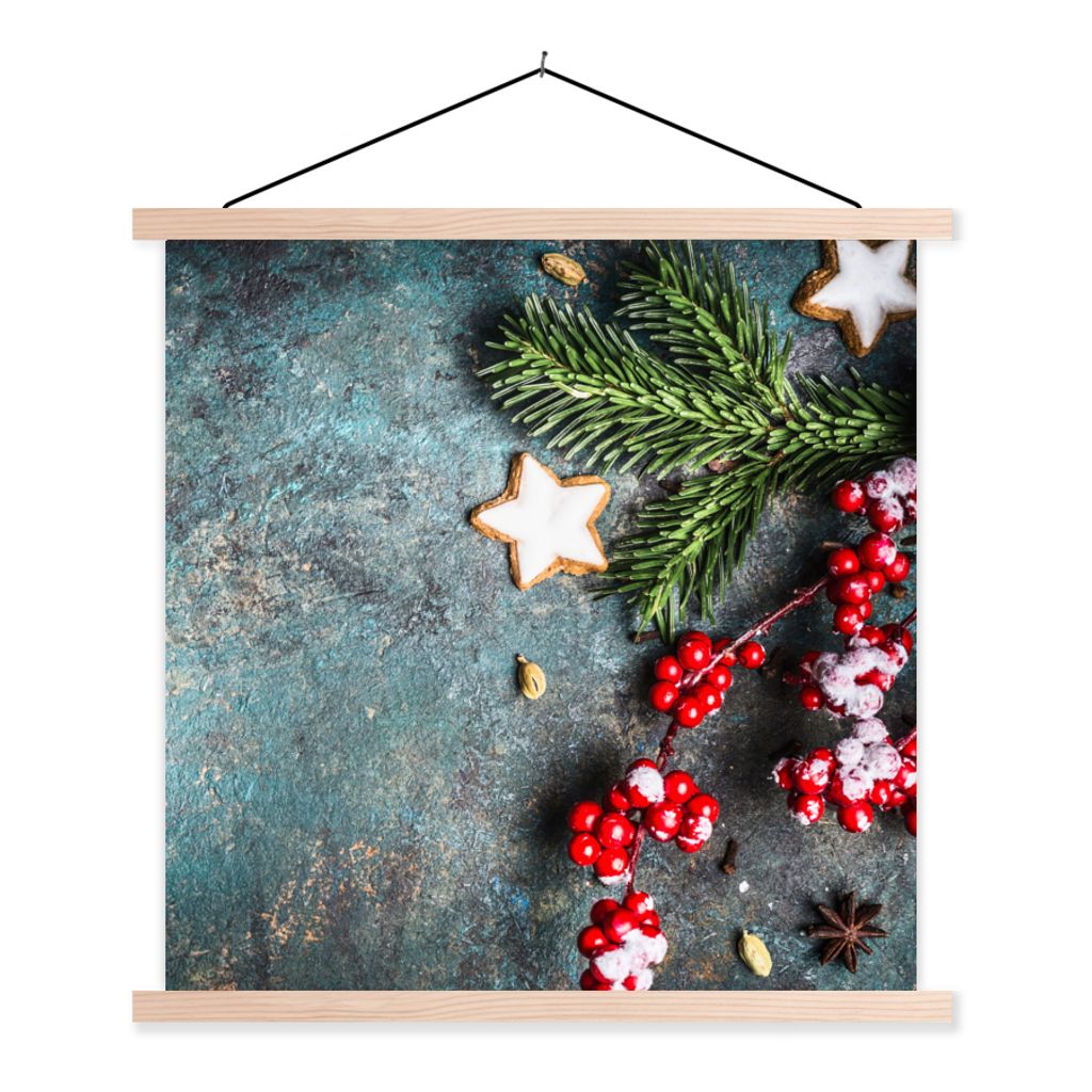 MuchoWow Textilposter Weihnachten - Rustikal - Zweige - Sternanis - Beeren - Rot 120x120 cm mit holzfarbenen Rahmen - Textil-Poster