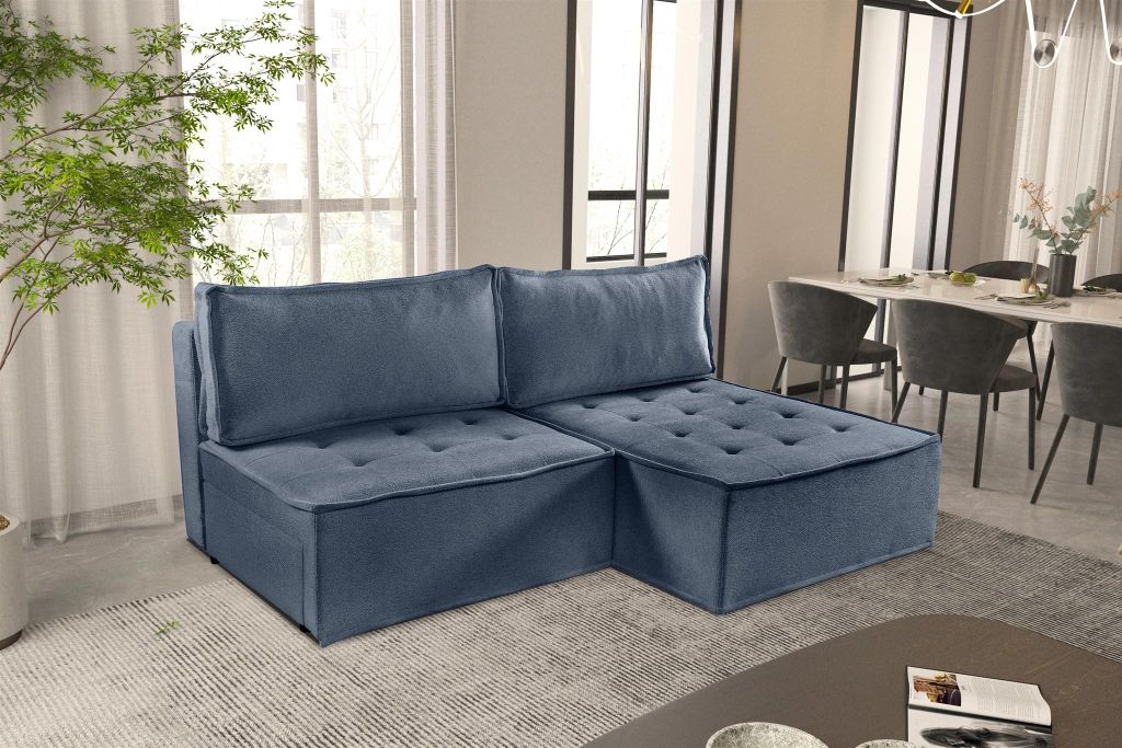 Ecksofa Schlafsofa AMALIA Stoff Raven Blau Ottomane Rechts Produktbild 