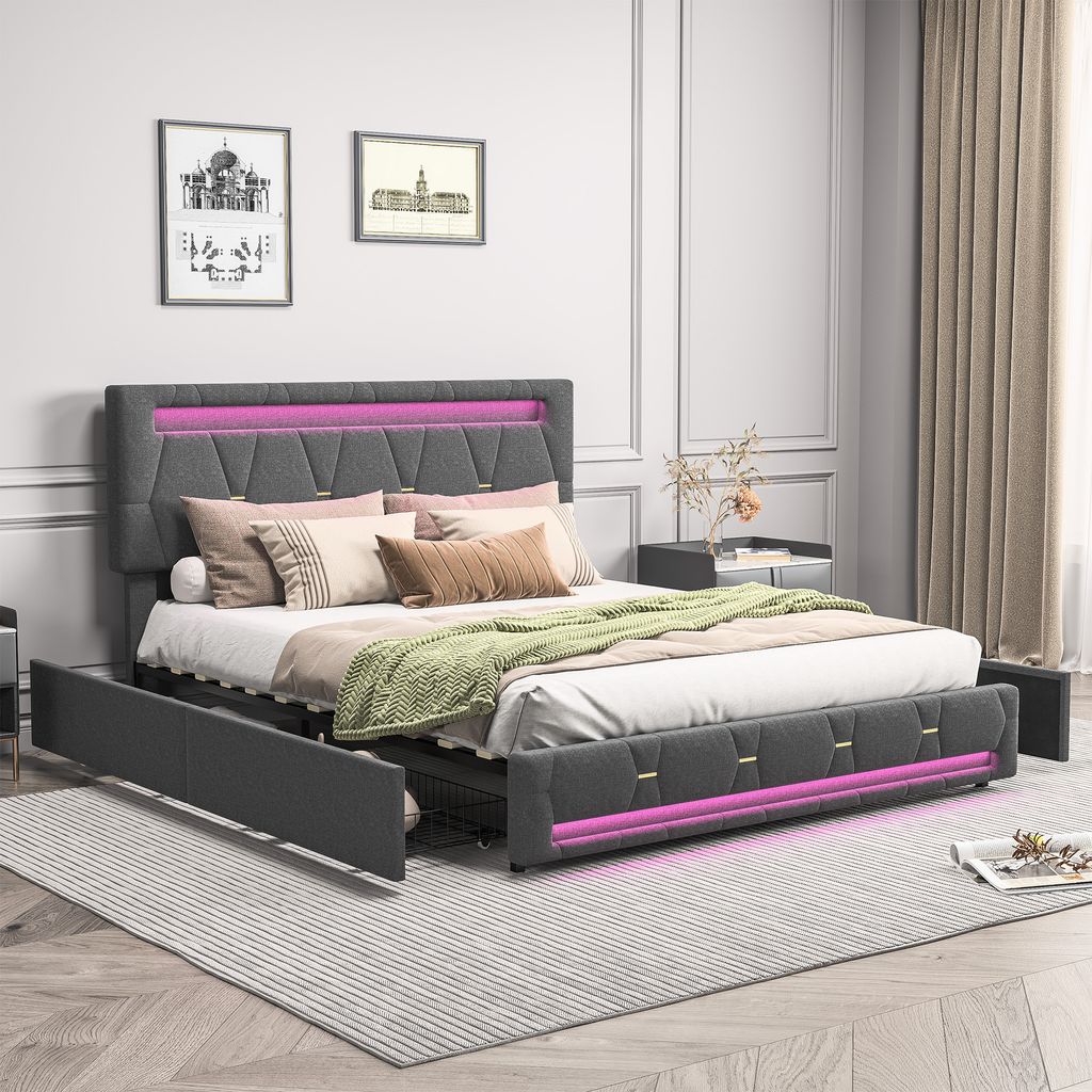 140x200 cm großes Bett mit LED-Beleuchtung und USB-Anschluss, Lattenrost, gepolstertem Bett mit 4 Schubladen und großem Stauraum, Grau