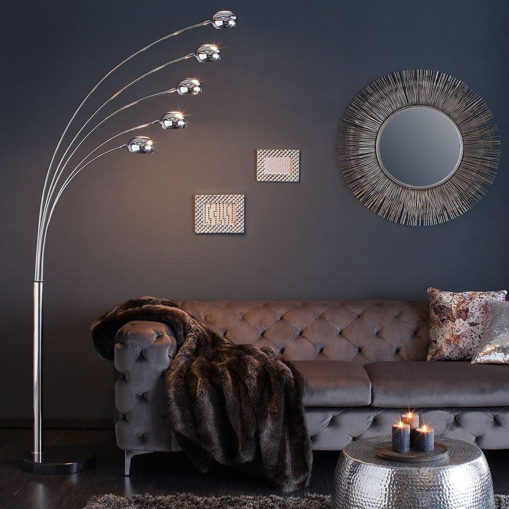 cagü: XL Design Stehlampe TULIPA Chrom glänzend mit Marmorfuß Schwarz 205cm Höhe