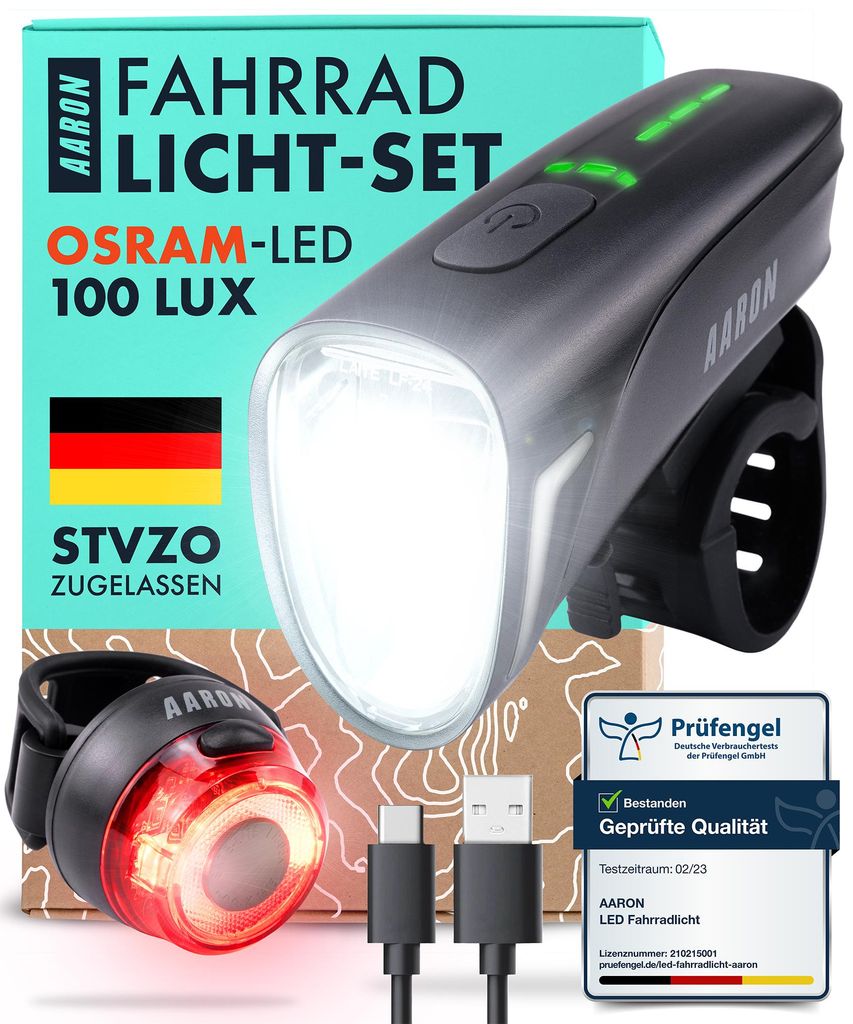 AARON LUX Pro Fahrradlicht Set - StVZO zugelassen - Front- Produktbild 
