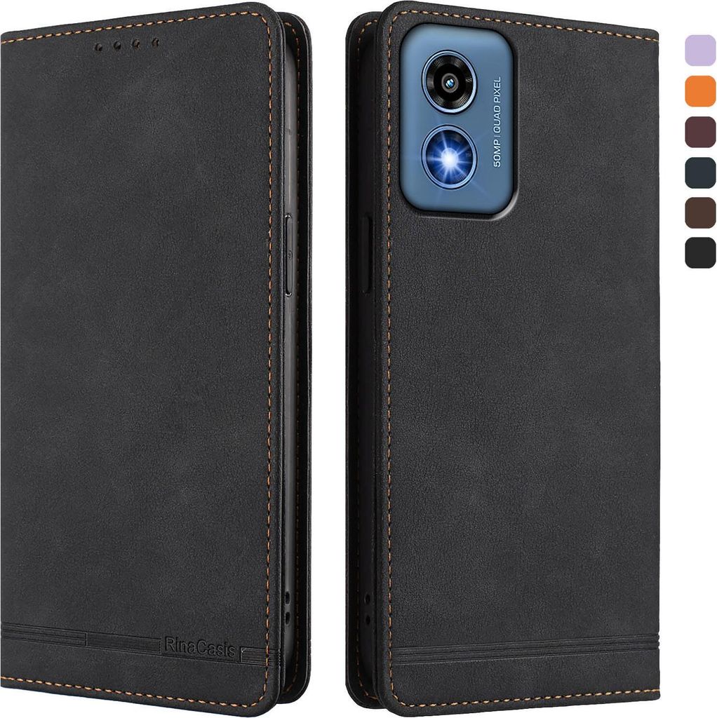 Hülle für Motorola Moto G 5G 2024, Retro Kunstleder Ständer Klapphülle mit Kartenfächer und Magnetische Schwarz