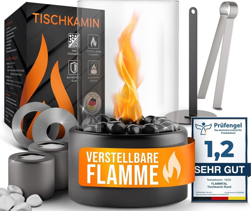 flammtal - Tischkamin [4h Brenndauer] - Tischfeuer für Indoor & Outdoor - Mit Verstellbarer Flamme - Bio Ethanol Kamin mit zwei Steinarten