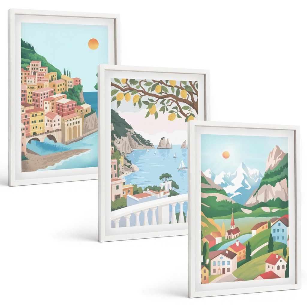 Bilder Set 3-teilig im weißen Rahmen – Wandbilder 3 Stück – gerahmte Poster für Wohnzimmer, Schlafzimmer und Flur – 40x60 cm – Pastellfa...