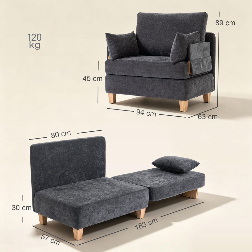 HOMCOM Schlafsessel 2-in-1 mit Bettfunktion Schlafsofa mit