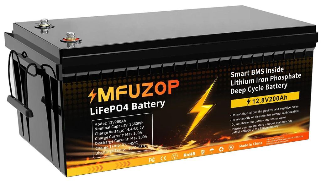 LiFePO4 Batterie 12V 200Ah - MF-12V200AH - Deep-Cycle - Integriertes BMS - Wiederaufladbar - Für Solar & Off-Grid - Orange