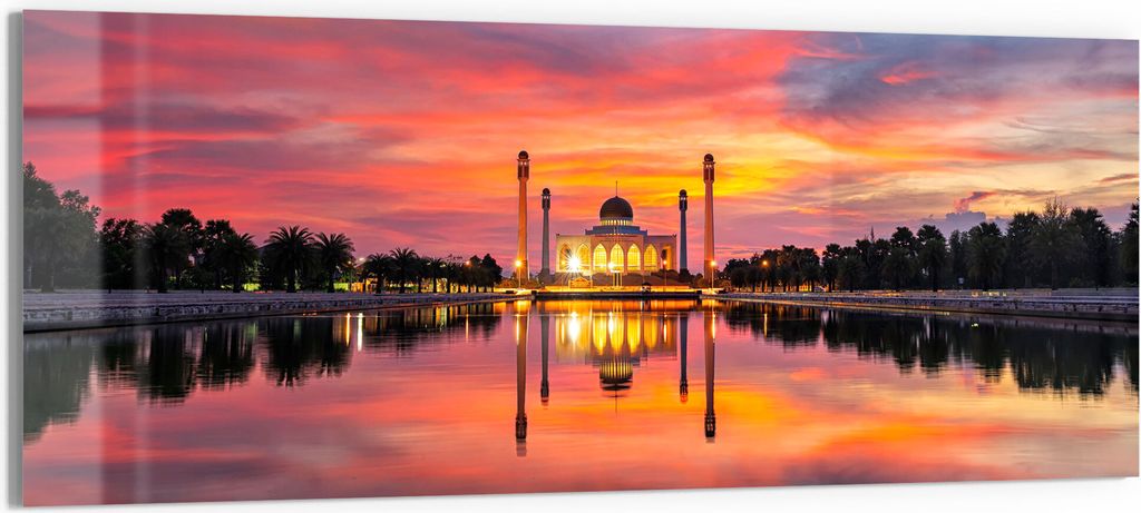 DEQORI Glasbild Echtglas 125x50 cm 'Moschee im Abendpanorama' Wandbild Bild modern Deko