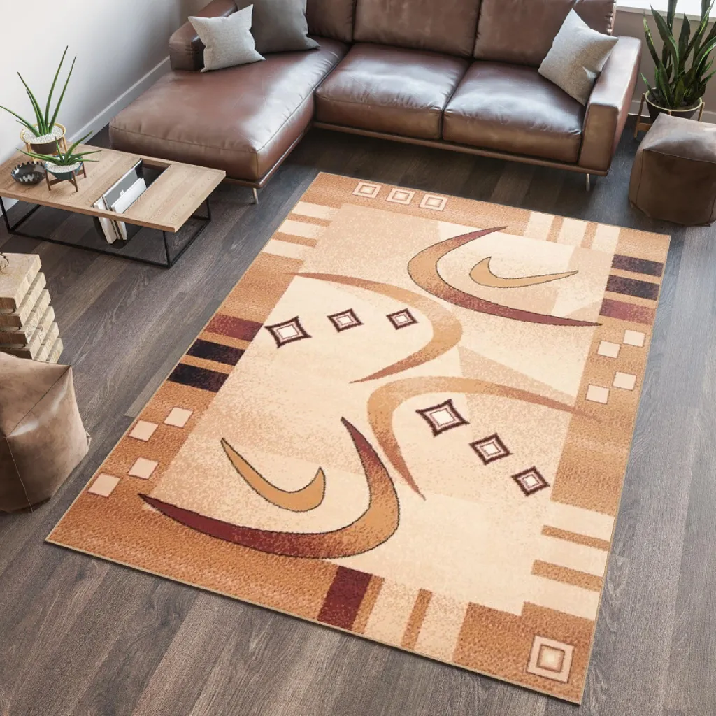 Tapis moderne crème et marron ATLAS motif géométrique doux 70 x 130 cm