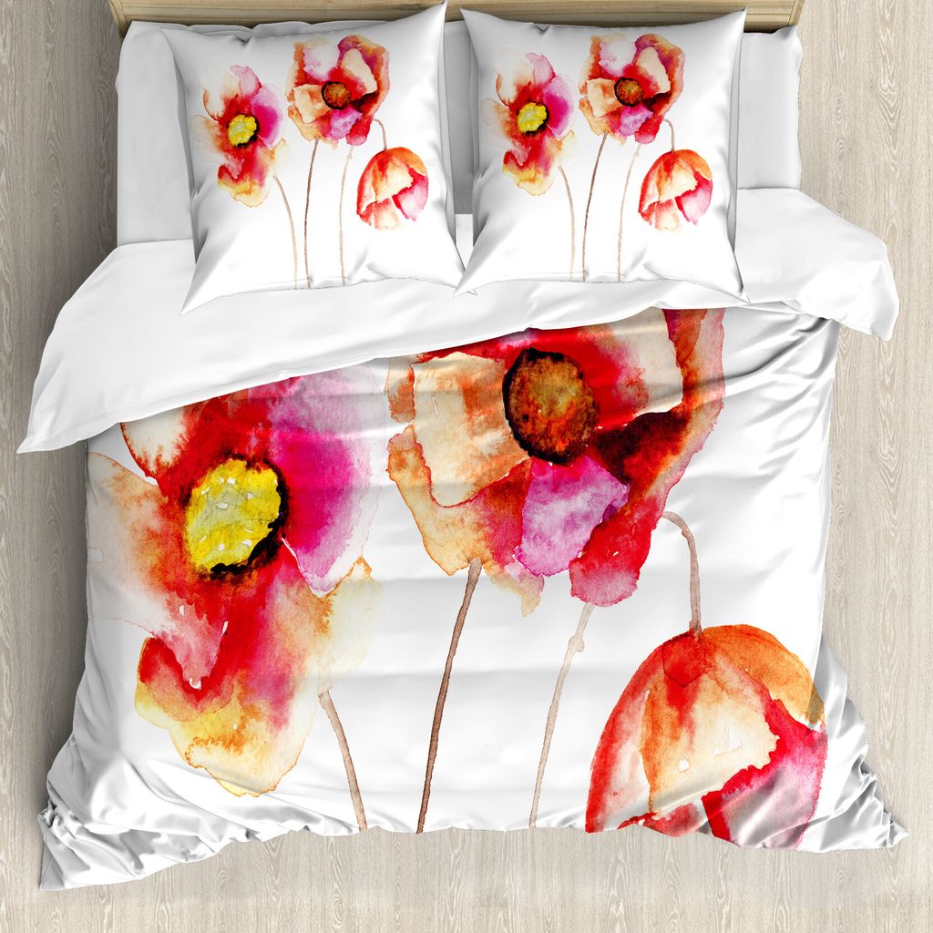ABAKUHAUS Mohn Bettbezug, blühender Mohn, Milbensicher Allergiker geeignet mit Kissenbezügen, 200 cm x 200 cm - 80 x 80 cm, rot-Weiss