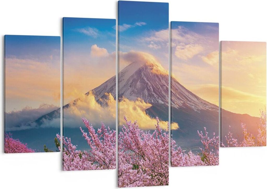 Bild auf Leinwand - Leinwandbild - 5 Teile - Fuji Blume Kirsche - 150x100cm - Wand Bild - Wanddeko - Wandbilder - Leinwanddruck - Bilder - Wanddeko...