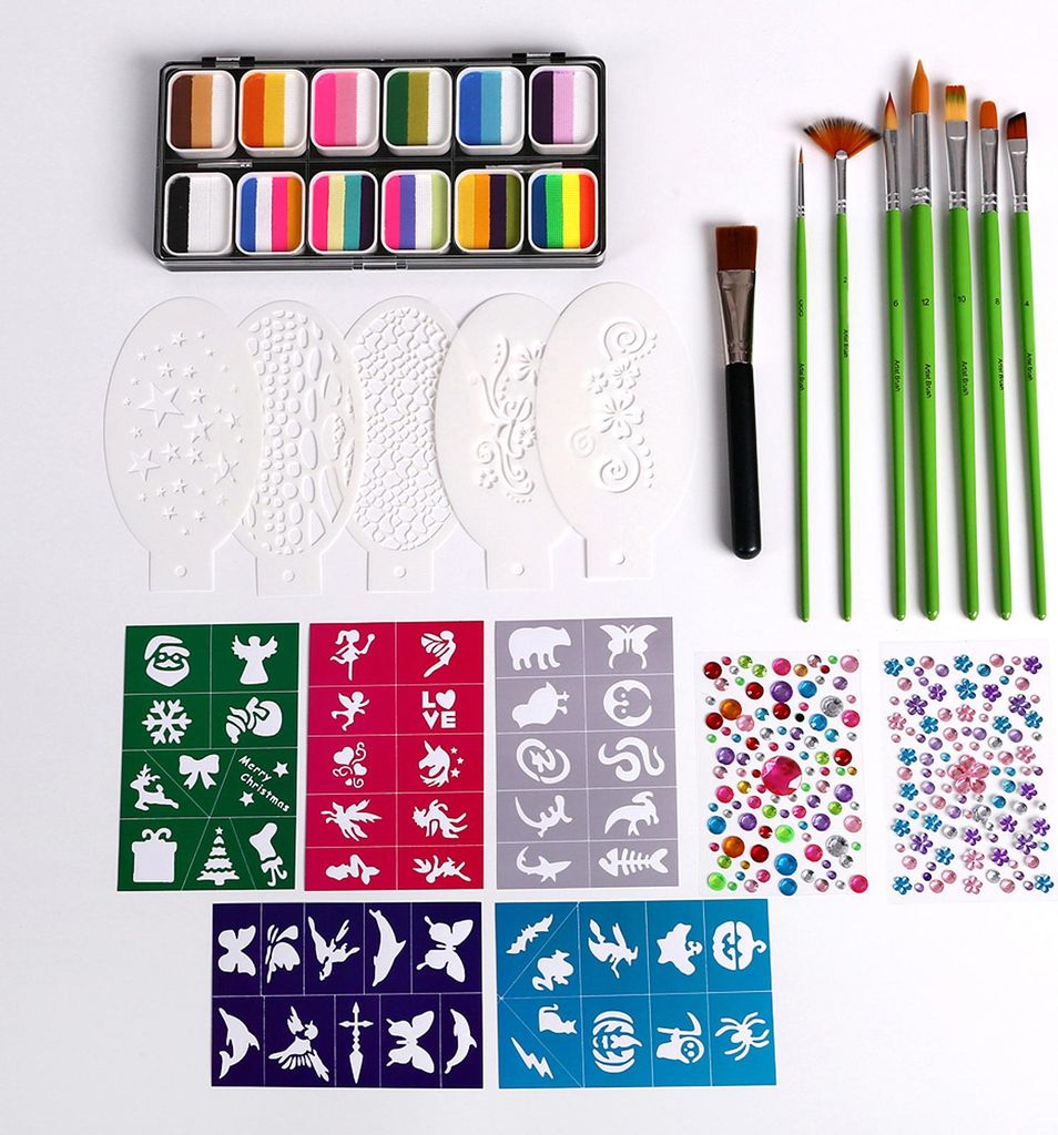 Wasserfarben Gesicht- & Körpermalset - 8 Pinsel, 10 Schablonen, Ungiftig, Hypoallergen für Halloween, Cosplay, Festival Make-up