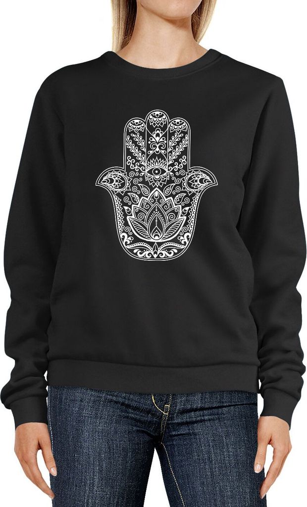 Sweatshirt Damen Aufdruck Fatimas Hand Hamsa Print Ethno Boho Bohemian Style Rundhals-Pullover Pulli Sweater Neverless schwarz S