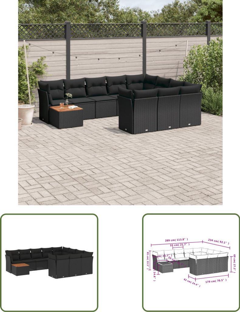 The Living Store 11-tlg. Garten-Sofagarnitur mit Kissen Schwarz Poly Rattan