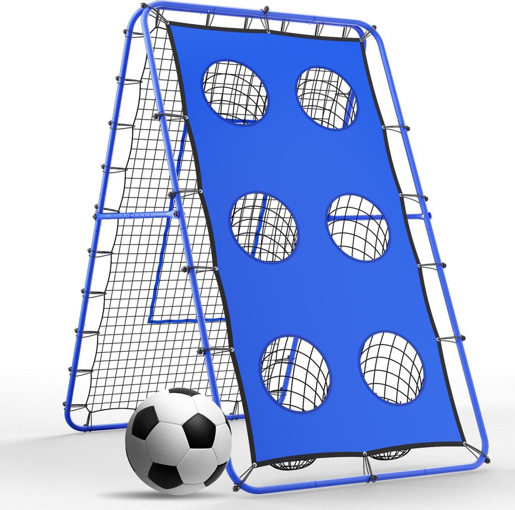 Fußball Rebounder Kickback Tor, Beidseitige Rückprallwand Netz, Verstellbar in 5 Stufen, Stabile Stahlkonstruktion, für Fußballtraining im Garten