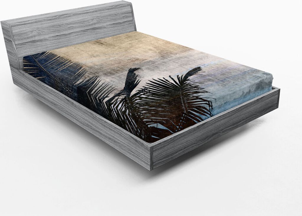 ABAKUHAUS hawaiisch Spannbetttuch, Palme Verlässt Auf Schmutz Hintergrund Mit See Vintage Waterscape Illustration, 150 x 190 cm, Beige